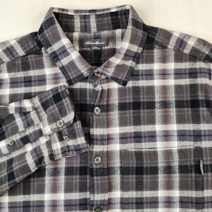 Eddie Bauer Flannel Shirt Mens Size Large Plaid Gray Black Button Up Long Sleeve